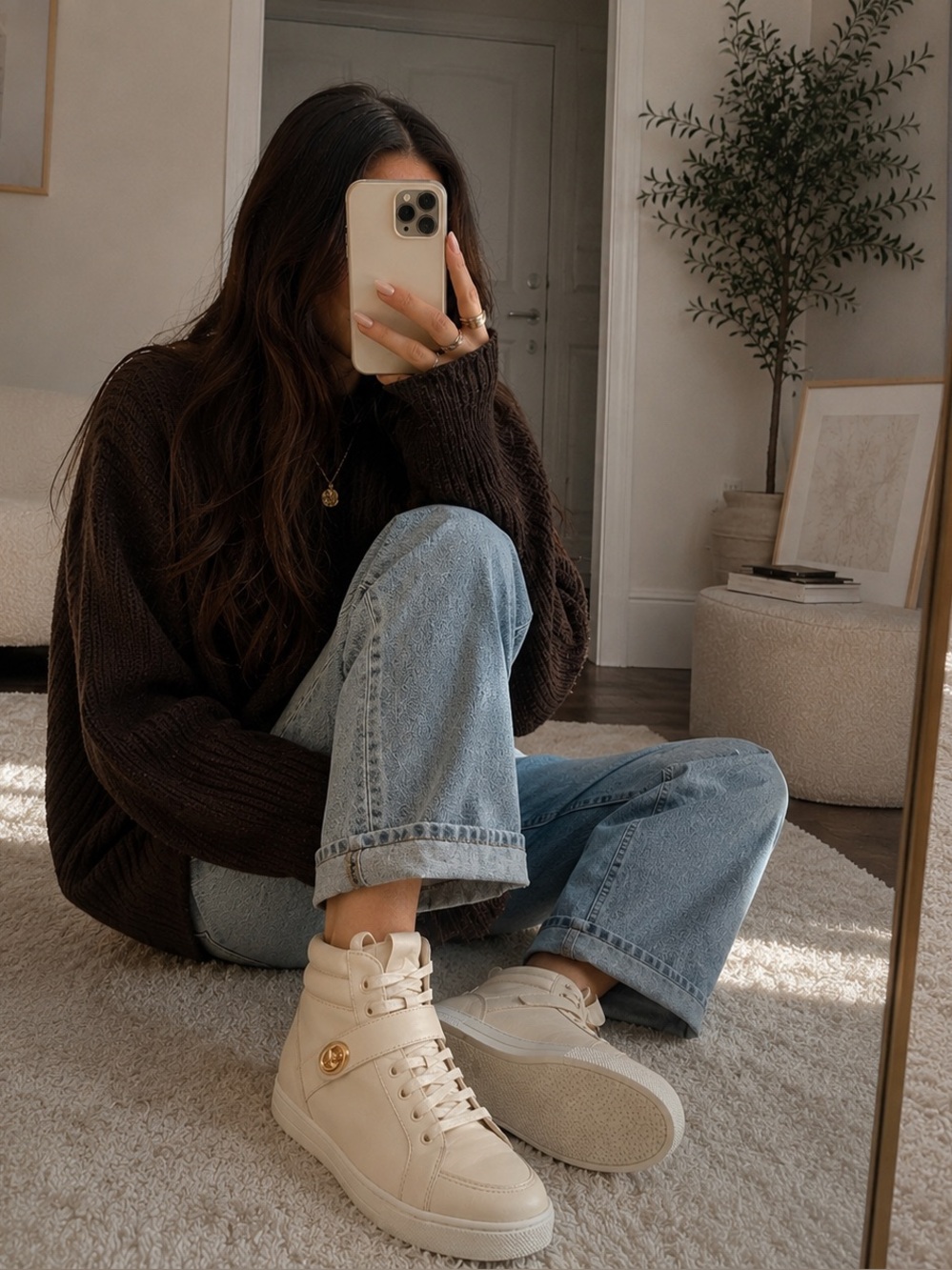 Coach White Leather High-Top Sneakers with Gold Logo Accent